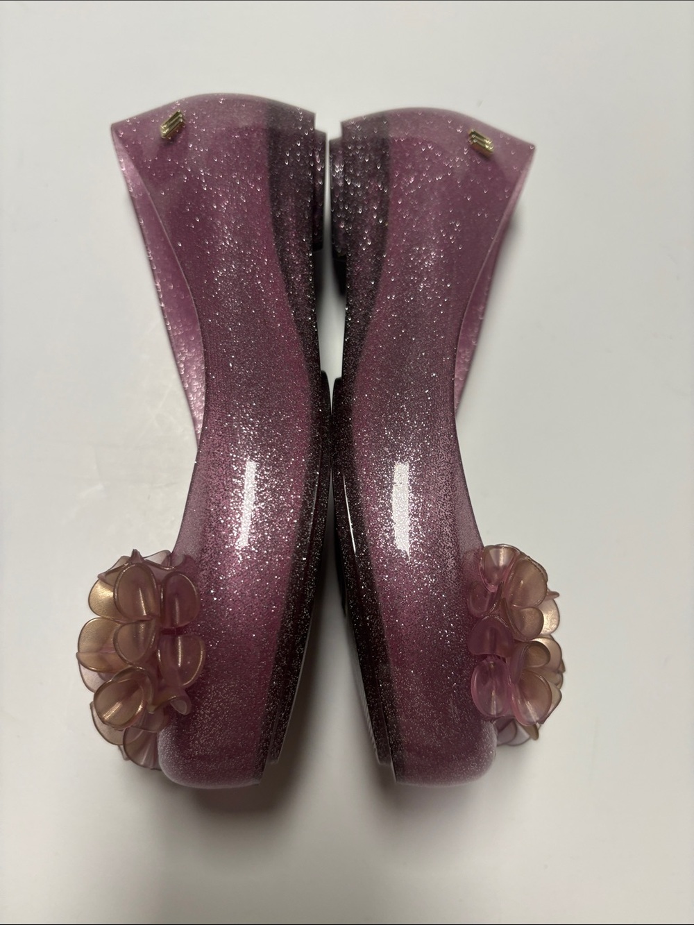 Mini Melissa Pink Glitter Floral Jelly Flats with Champagne Flowers girls size - Picture 7 of 10